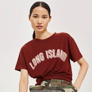 Topshop Brown Long Island Slogan Slouchy Tshirt Size 12